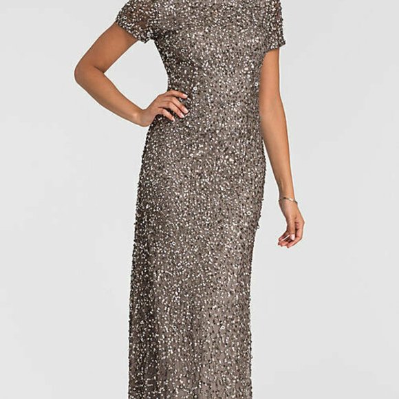 NEW $248‎ Adrianna Papell Short Sleeve Sequin Mesh Gown in Lead [ Size 4 10 ] - Picture 14 of 14